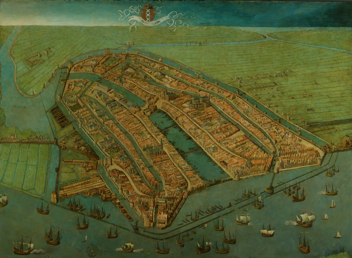 Lukisan “Amsterdam vanuit de lucht in 1538”, Amsterdam dari atas udara 1538, karya Cornelis Anthonisz. (Sumber: Amsterdam Museum).