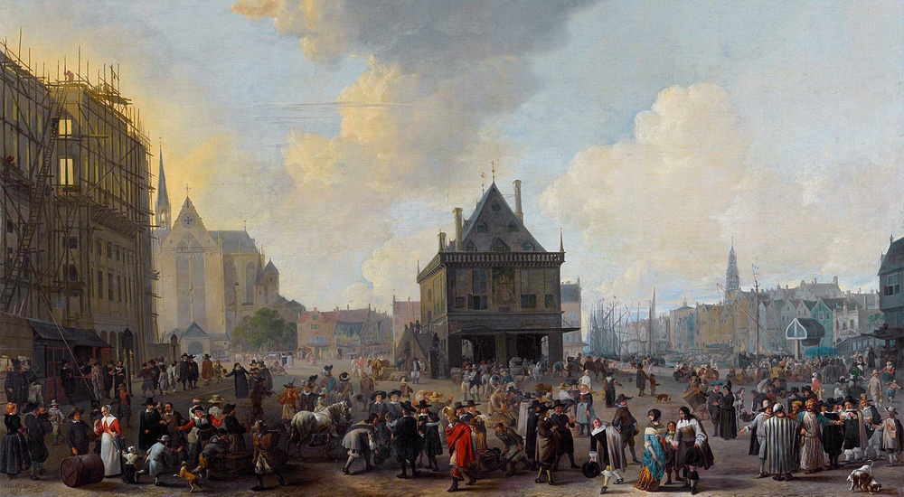De Plaetse (sekarang Dam Square) pada abad ke-17, dengan balai kota yang dalam pembangunan (kiri). Lukisan karya Johannes Lingelbach (1656) (Sumber: Amsterdam Museum).